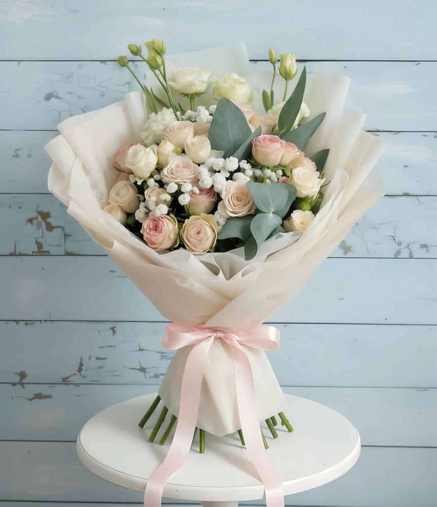 Букет Сказочное воображение в Криводановке Букет цветов из: Розы и Лизиантусы в Криводановке